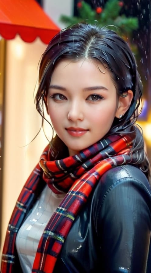 "Generate an image of a sophisticated young woman (23 years old) embracing the Christmas spirit as she indulges in holiday shopping at a chic city department store. Dressed in trendy woolen winter attire, she navigates through the glittering displays, carefully selecting gifts with a discerning eye. The bustling atmosphere is filled with festive decorations, sparkling lights, and the joyful hum of holiday music. The woman carries elegant shopping bags, and her face radiates excitement and satisfaction as she explores the upscale boutiques. This scene captures the glamour and thrill of Christmas shopping in a stylish urban setting." BREAK

(masterpiece,best quality,ultra-detailed,8K,intricate, realistic:1.3),(full body, wide shot:1.3),smile,black hair,sharp nose, earrings,jewelry, shiny skin, detailed exquisite face,cinematic lighting,1 girl,Color Booster, leonardo,style,cyberpunk style,greg rutkowski,cyberpunk,jeon_jihyun,((soakingwetclothes, wet clothes,  wet hair,  in water, face focused,  skin pores, wet, dripping wet, soaked, plaid scarf : 1.2))