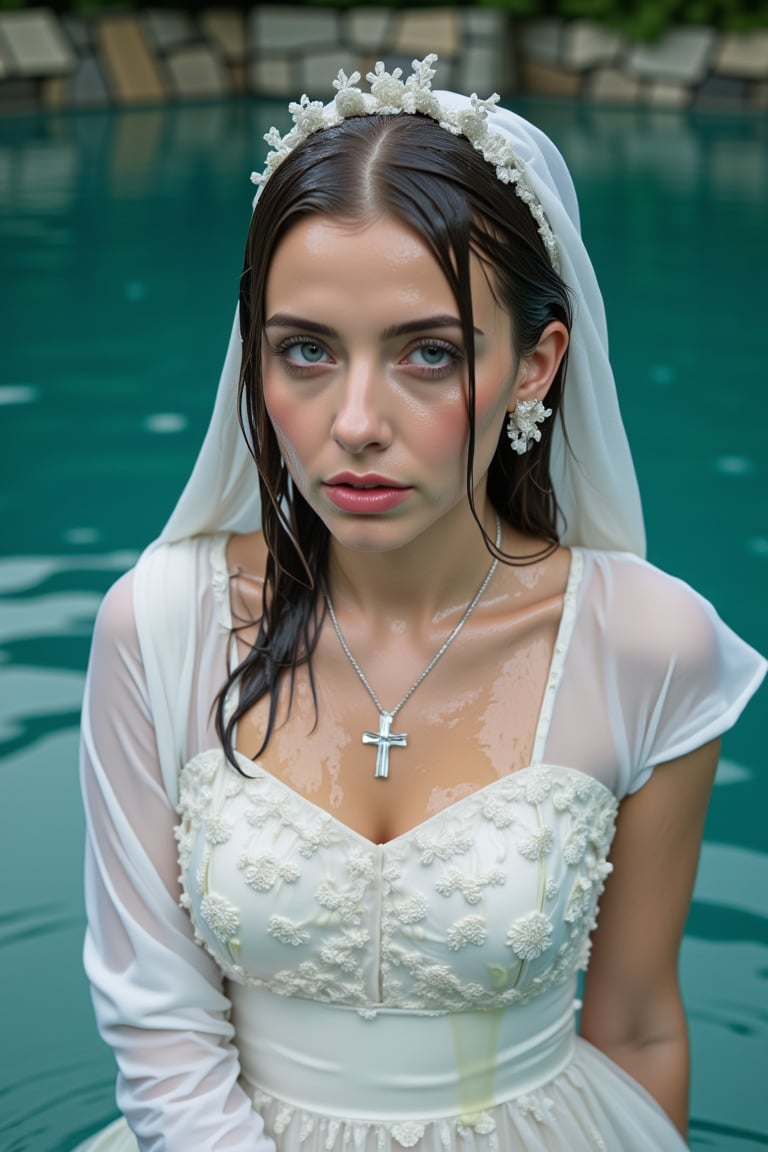 (Wet clothes,  wet hair,  wet skin:1.2) .

a medium-angle shot captures a woman in a white communion  dress with wet embroidery shawl, adorned with a cross necklace and earrings. The woman's wet dress is adorned with white gloves, adding a touch of touch to her outfit. Her wet hair is pulled back, cascading over her shoulders, framing her face. Her eyes are a deep blue, and her lips are pursed. The backdrop is a deep, blue-green, with a few white clouds floating in the water.

nt.,Wet,covered in oil,covered in mud,wam,wet clothes,pouring oil,wetlook,pouring oil,Fetishwet,Enhanced all,Wetfetish