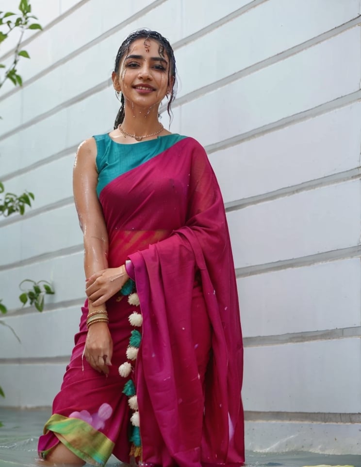 a woman in a sari with a necklace on her neck, a character portrait by Manjit Bawa, behance contest winner, bengal school of art, smile, happy, studio portrait, maximalist, studio photography,
, featured on instagram, samikshavad, elegant, rich color palette, 1920s

  ((wet clothes, wet hair, bathing in water, face focused, skin pores, long sleeve blouse, saree , detail face, )),wet hair,girl wearing indian saree,aliabhatt,SoakingWetClothes