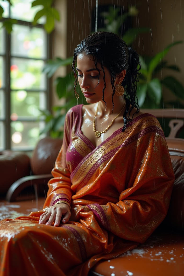 (wet clothes, wet hair, wet, wet face, wet skin, slimy hair , slimy saree, smily skin,wet slimed clothes cling to skin, slime shiny : 1.4 ) A soaking wet woman, adorned in traditional attire, sitting indoor amidst living room. She is wrapped in a very very wet soaked richly patterned, saree with intricate golden motifs. The saree has geometric designs, floral patterns, and other detailed artwork. The woman is also wearing a gold necklace, and her soaked hair is neatly tied up in a bun. Long sleeve . The background consists of trees and foliage, suggesting a serene and natural setting. Her hair skin clothes are wet . She has shampoo on her hair and soap all over her body. natural, volumetric lighting, 4K, RAW, masterpiece
 , , oil cascading clothes and skin, close-up portrait, white tiles background
.
, soakingwetclothes, wet clothes, wet hair, Visual Anime,art_booster,anime_screencap,fake_screenshot,anime coloring,Wet,covered in oil,covered in mud,wam,pouring oil,wetlook,pouring oil,Fetishwet