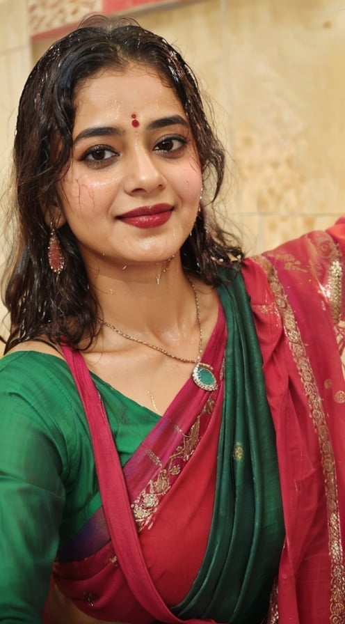 a woman in a sari with a necklace on her neck, a character portrait by Manjit Bawa, behance contest winner, bengal school of art, smile, happy, studio portrait, maximalist, studio photography,
, featured on instagram, samikshavad, elegant, rich color palette, 1920s

  ((wet clothes, wet hair, bathing in water, face focused, skin pores, long sleeve blouse, saree , detail face, )),wet hair,girl wearing indian saree,aliabhatt,SoakingWetClothes