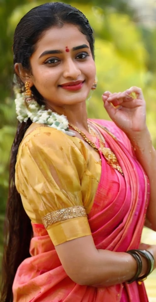 a woman in a sari with a necklace on her neck, a character portrait by Manjit Bawa, behance contest winner, bengal school of art, smile, happy, studio portrait, maximalist, studio photography,
, featured on instagram, samikshavad, elegant, rich color palette, 1920s

  ((wet clothes, wet hair, bathing in water, face focused, skin pores, long sleeve blouse, saree , detail face, )),wet hair,girl wearing indian saree,aliabhatt,SoakingWetClothes