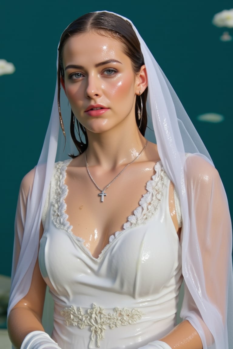 (Wet clothes,  wet hair,  wet skin:1.2) .

a medium-angle shot captures a woman in a white communion  dress with wet embroidery shawl, adorned with a cross necklace and earrings. The woman's wet dress is adorned with white gloves, adding a touch of touch to her outfit. Her wet hair is pulled back, cascading over her shoulders, framing her face. Her eyes are a deep blue, and her lips are pursed. The backdrop is a deep, blue-green, with a few white clouds floating in the water.

nt.,Wet,covered in oil,covered in mud,wam,wet clothes,pouring oil,wetlook,pouring oil,Fetishwet,Enhanced all,Wetfetish