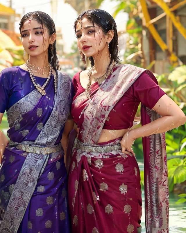 a woman in a sari with a necklace on her neck, a character portrait by Manjit Bawa, behance contest winner, bengal school of art, smile, happy, studio portrait, maximalist, studio photography,
, featured on instagram, samikshavad, elegant, rich color palette, 1920s

  ((wet clothes, wet hair, bathing in water, face focused, skin pores, blouse, saree , detail face, )),wet hair,girl wearing indian saree,aliabhatt,SoakingWetClothes