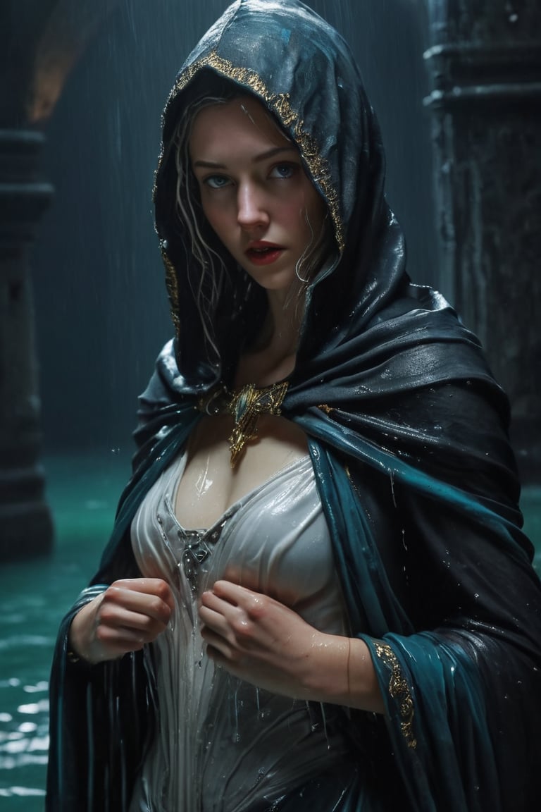 3D artwork, upper body shot represesenting a female young caracter. High elven hat shaped as a white seashell, mantle, shining silver jewels. (Majestic pose:1.4), (hieratic expression:1.6), emerging from the darkness in the style of Rembrandt. The caracter wears a white and (teal:0.8) large luxury dress. The character is illuminated from the side by a dark golden light. Marine vibes. Vibrant colors. The background is a black gothic cathedral interior dimly lit by moonlight. UHD, high resolution, 8k, (wet clothes, wet hair, wet, wet face, wet skin, 1girl, making out, in water, draped in shawl : 1.2),soakingwetclothes