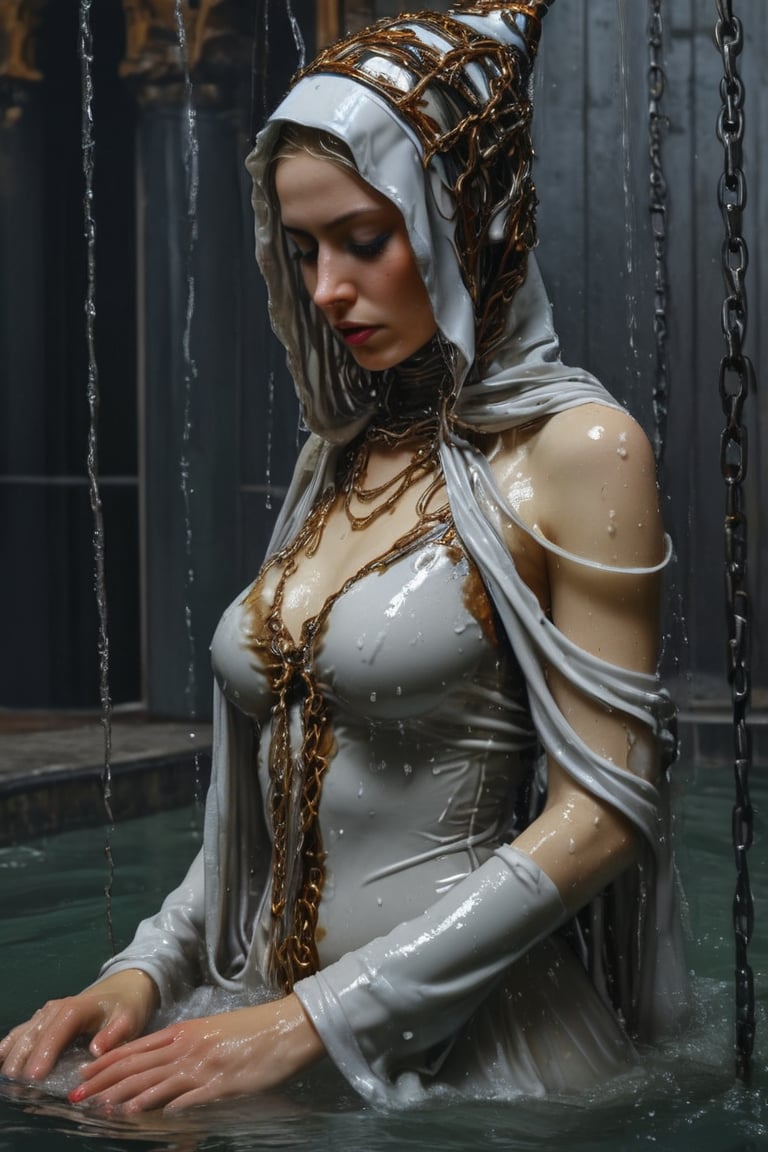 3D artwork, upper body of a caracter represesenting a mighty harlequin female robot with a surreal white wet skin and white wet hair, (surrealistic big stylized plastic hat in the style of Michael Cheval), mantle, bolts and iron chains. (Majestic pose:1.4), (hieratic expression:1.6), emerging from the darkness in the style of Caravaggio. Red, yellow, (teal:0.7), forming perfect ornamental stripes patterns on a (rusted:0.9) armor. Matte surfaces. Side light, UHD, high resolution, 8k, black gothic cathedral interior background, warm golden light,  h, (wet clothes, wet hair, wet, wet face, wet skin, 1girl, making out, in water, draped in shawl : 1.2),soakingwetclothes