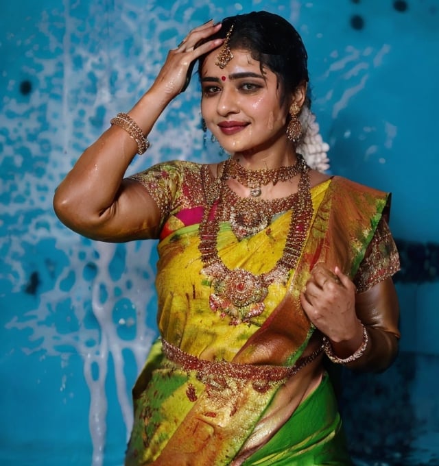 a woman in a sari with a necklace on her neck, a character portrait by Manjit Bawa, behance contest winner, bengal school of art, smile, happy, studio portrait, maximalist, studio photography,
, featured on instagram, samikshavad, elegant, rich color palette, 1920s

  ((wet clothes, wet hair, bathing in water, face focused, skin pores, long sleeve blouse, saree , detail face, )),wet hair,girl wearing indian saree,aliabhatt,SoakingWetClothes