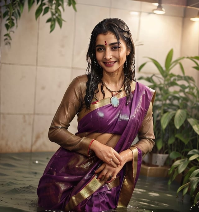 a woman in a sari with a necklace on her neck, a character portrait by Manjit Bawa, behance contest winner, bengal school of art, smile, happy, studio portrait, maximalist, studio photography,
, featured on instagram, samikshavad, elegant, rich color palette, 1920s

  ((wet clothes, wet hair, bathing in water, face focused, skin pores, long sleeve blouse, saree , detail face, )),wet hair,girl wearing indian saree,aliabhatt,SoakingWetClothes