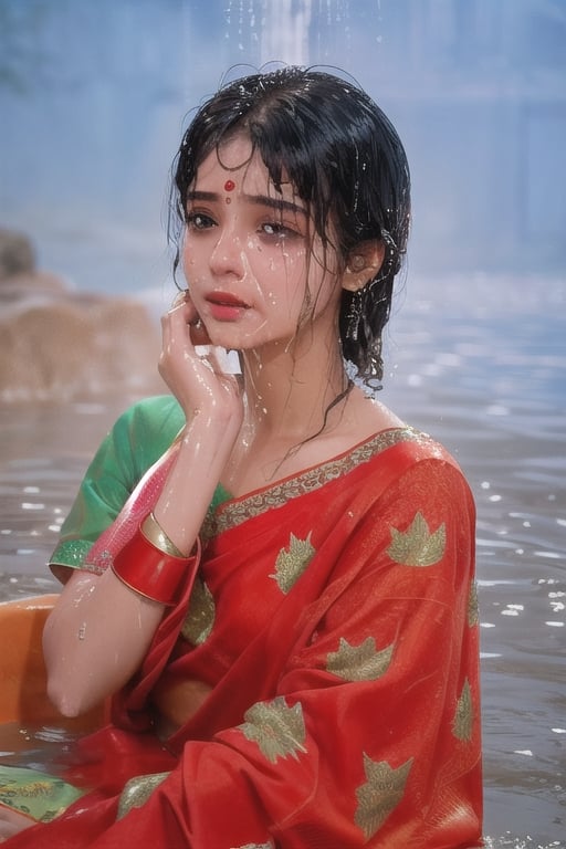 wet hair,SoakingWetClothes,  ((wet clothes, wet hair, bathing in water, face focused, skin pores, blouse, saree , detail face, )),wet hair,girl wearing indian saree,aliabhatt,SoakingWetClothes