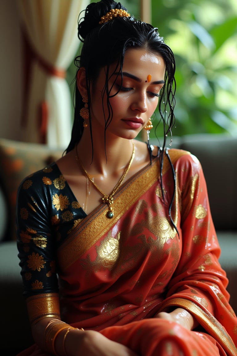 (wet clothes, wet hair, wet, wet face, wet skin, slimy hair , slimy saree, smily skin,wet slimed clothes cling to skin, slime shiny : 1.4 ) A soaking wet woman, adorned in traditional attire, sitting indoor amidst living room. She is wrapped in a very very wet soaked richly patterned, saree with intricate golden motifs. The saree has geometric designs, floral patterns, and other detailed artwork. The woman is also wearing a gold necklace, and her soaked hair is neatly tied up in a bun. Long sleeve . The background consists of trees and foliage, suggesting a serene and natural setting. Her hair skin clothes are wet . She has shampoo on her hair and soap all over her body. natural, volumetric lighting, 4K, RAW, masterpiece
 , , oil cascading clothes and skin, close-up portrait, white tiles background
.
, soakingwetclothes, wet clothes, wet hair, Visual Anime,art_booster,anime_screencap,fake_screenshot,anime coloring,Wet,covered in oil,covered in mud,wam,pouring oil,wetlook,pouring oil,Fetishwet