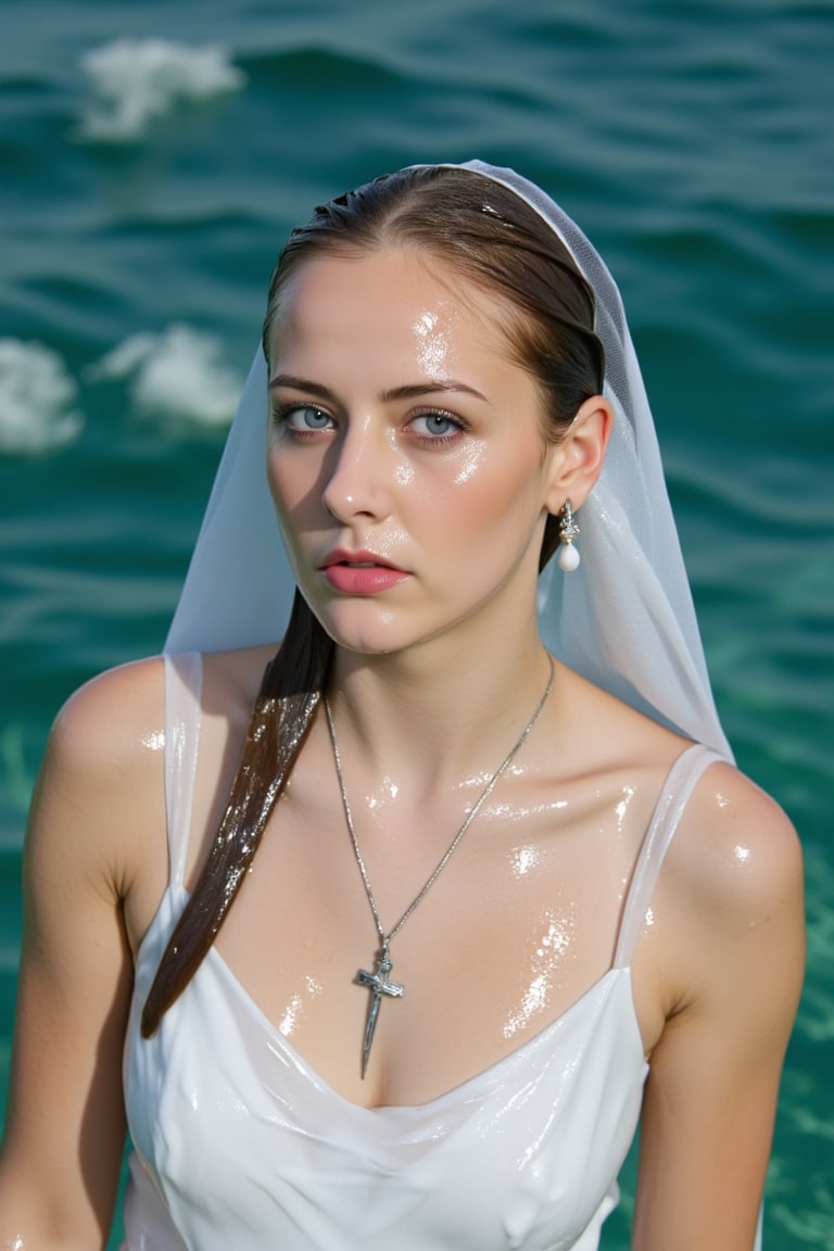 (Wet clothes,  wet hair,  wet skin:1.2) .

a medium-angle shot captures a woman in a white communion  dress, adorned with a cross necklace and earrings. The woman's dress is adorned with white gloves, adding a touch of touch to her outfit. Her hair is pulled back, cascading over her shoulders, framing her face. Her eyes are a deep blue, and her lips are pursed. The backdrop is a deep, blue-green, with a few white clouds floating in the water.

nt.,Wet,covered in oil,covered in mud,wam,wet clothes,pouring oil,wetlook,pouring oil,Fetishwet,Enhanced all,Wetfetish