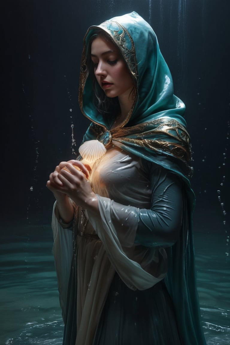 3D artwork, upper body shot represesenting a female young caracter. High elven hat shaped as a white seashell, mantle, shining silver jewels. (Majestic pose:1.4), (hieratic expression:1.6), emerging from the darkness in the style of Rembrandt. The caracter wears a white and (teal:0.8) large luxury dress. The character is illuminated from the side by a dark golden light. Marine vibes. Vibrant colors. The background is a black gothic cathedral interior dimly lit by moonlight. UHD, high resolution, 8k, (wet clothes, wet hair, wet, wet face, wet skin, 1girl, making out, in water, draped in shawl : 1.2),soakingwetclothes