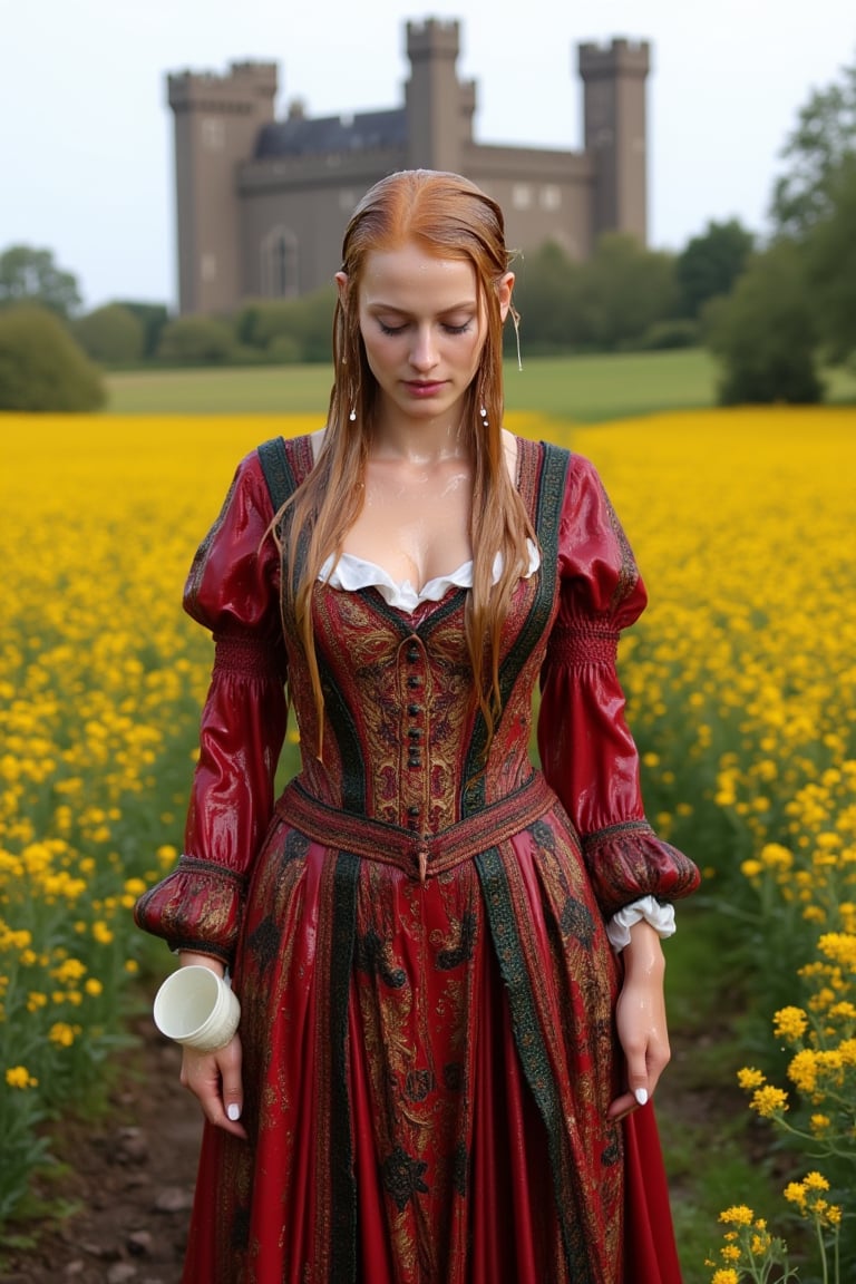 (wet clothes, wet hair, wet, wet face, wet skin,  : 1.4 ),(A photo of a young soaking wet woman wearing a traditional, elaborate wet gown with rich details and vibrant colors. The wet gown is a deep red color and is adorned with gold and dark green embroidery patterns. The wet woman has long, red-blonde wet hair styled in thick braids that drape over her shoulders. She is standing in a field of tall, golden flowers. The background contains a castle with tall, thin towers. The overall image has a soft, warm hue. Her hair, skin, and clothes are wet. She has shampoo on her hair and soap all over her body.
.
, soakingwetclothes, wet clothes, wet hair,photorealistic,georgian gown,Fetishwet,Wet,covered in oil,covered in mud,wam,pouring oil,wetlook,pouring oil