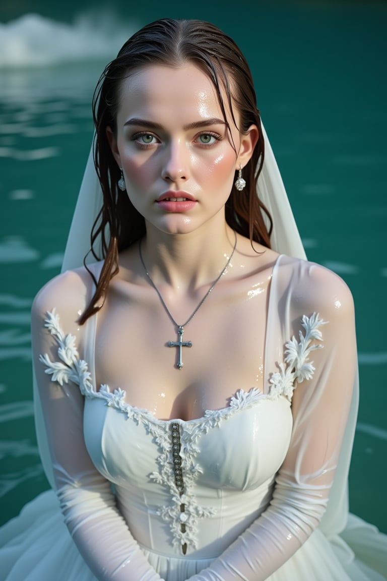 (Wet clothes,  wet hair,  wet skin:1.2) .

a medium-angle shot captures a woman in a white communion  dress with wet embroidery shawl, adorned with a cross necklace and earrings. The woman's wet dress is adorned with white gloves, adding a touch of touch to her outfit. Her wet hair is pulled back, cascading over her shoulders, framing her face. Her eyes are a deep blue, and her lips are pursed. The backdrop is a deep, blue-green, with a few white clouds floating in the water.

nt.,Wet,covered in oil,covered in mud,wam,wet clothes,pouring oil,wetlook,pouring oil,Fetishwet,Enhanced all,Wetfetish