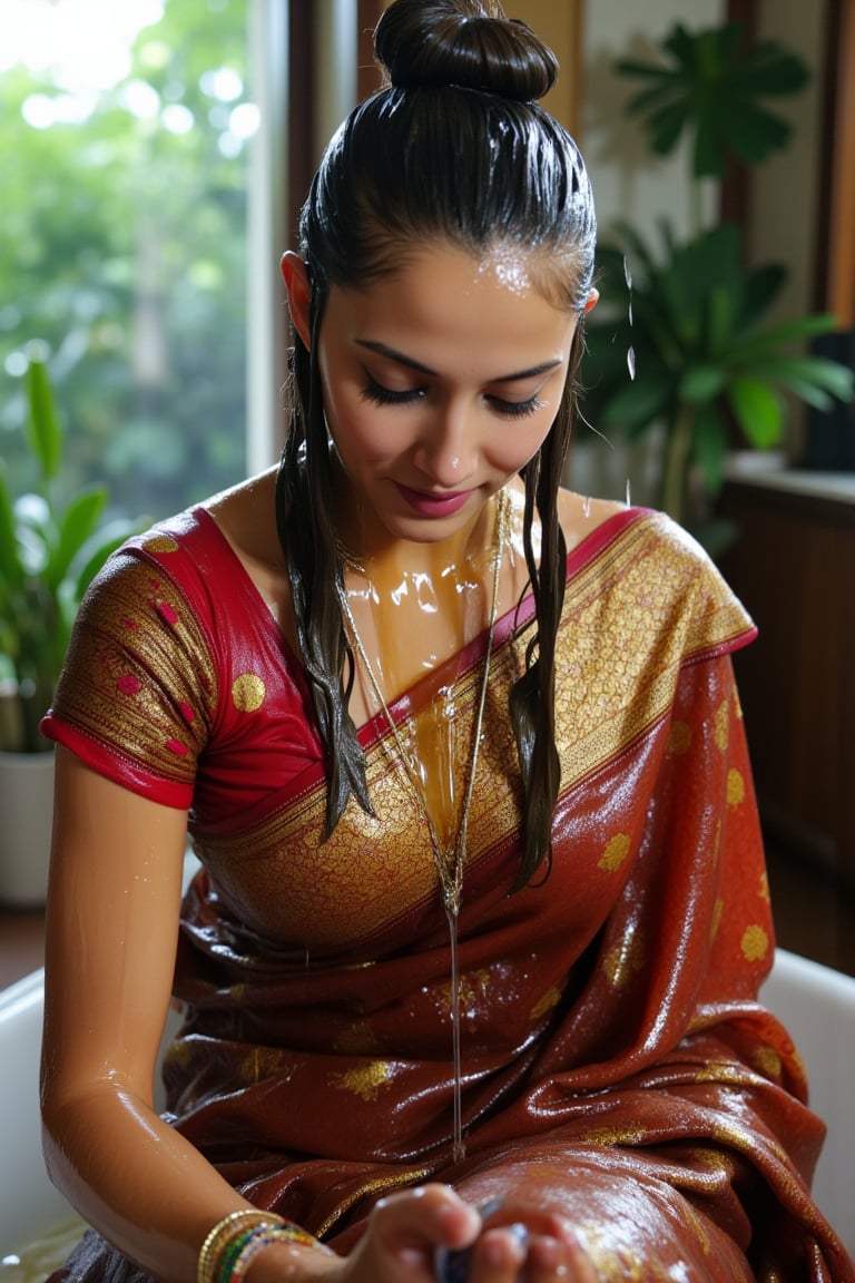 (wet clothes, wet hair, wet, wet face, wet skin, slimy hair , slimy saree, smily skin,wet slimed clothes cling to skin, slime shiny : 1.4 ) A soaking wet woman, adorned in traditional attire, sitting indoor amidst living room. She is wrapped in a very very wet soaked richly patterned, saree with intricate golden motifs. The saree has geometric designs, floral patterns, and other detailed artwork. The woman is also wearing a gold necklace, and her soaked hair is neatly tied up in a bun. Long sleeve . The background consists of trees and foliage, suggesting a serene and natural setting. Her hair skin clothes are wet . She has shampoo on her hair and soap all over her body. natural, volumetric lighting, 4K, RAW, masterpiece
 , , oil cascading clothes and skin, close-up portrait, white tiles background
.
, soakingwetclothes, wet clothes, wet hair, Visual Anime,art_booster,anime_screencap,fake_screenshot,anime coloring,Wet,covered in oil,covered in mud,wam,pouring oil,wetlook,pouring oil,Fetishwet