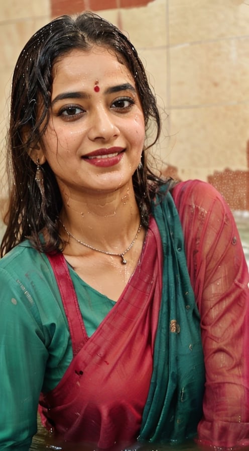 a woman in a sari with a necklace on her neck, a character portrait by Manjit Bawa, behance contest winner, bengal school of art, smile, happy, studio portrait, maximalist, studio photography,
, featured on instagram, samikshavad, elegant, rich color palette, 1920s

  ((wet clothes, wet hair, bathing in water, face focused, skin pores, long sleeve blouse, saree , detail face, )),wet hair,girl wearing indian saree,aliabhatt,SoakingWetClothes