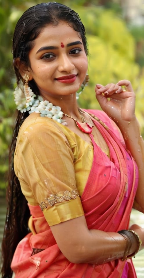 a woman in a sari with a necklace on her neck, a character portrait by Manjit Bawa, behance contest winner, bengal school of art, smile, happy, studio portrait, maximalist, studio photography,
, featured on instagram, samikshavad, elegant, rich color palette, 1920s

  ((wet clothes, wet hair, bathing in water, face focused, skin pores, long sleeve blouse, saree , detail face, )),wet hair,girl wearing indian saree,aliabhatt,SoakingWetClothes