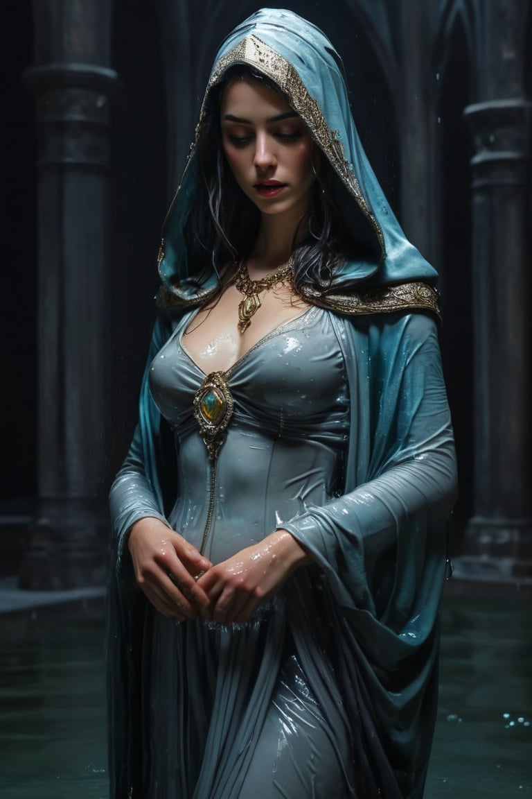 3D artwork, upper body shot represesenting a female young caracter. High elven hat shaped as a white seashell, mantle, shining silver jewels. (Majestic pose:1.4), (hieratic expression:1.6), emerging from the darkness in the style of Rembrandt. The caracter wears a white and (teal:0.8) large luxury dress. The character is illuminated from the side by a dark golden light. Marine vibes. Vibrant colors. The background is a black gothic cathedral interior dimly lit by moonlight. UHD, high resolution, 8k, (wet clothes, wet hair, wet, wet face, wet skin, 1girl, making out, in water, draped in shawl : 1.2),soakingwetclothes