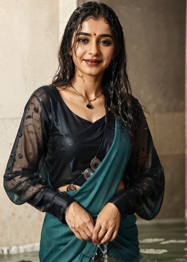 a woman in a sari with a necklace on her neck, a character portrait by Manjit Bawa, behance contest winner, bengal school of art, smile, happy, studio portrait, maximalist, studio photography,
, featured on instagram, samikshavad, elegant, rich color palette, 1920s

  ((wet clothes, wet hair, bathing in water, face focused, skin pores, long sleeve blouse, saree , detail face, )),wet hair,girl wearing indian saree,aliabhatt,SoakingWetClothes