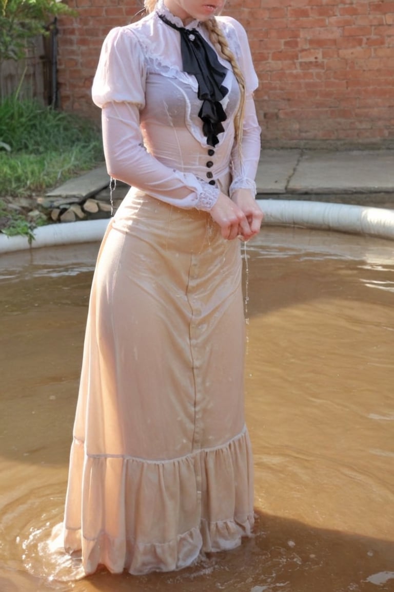 Dripping wet, blonde, braided hair,victorian dress,soakingwetclothes