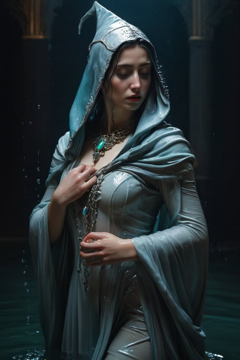 3D artwork, upper body shot represesenting a female young caracter. High elven hat shaped as a white seashell, mantle, shining silver jewels. (Majestic pose:1.4), (hieratic expression:1.6), emerging from the darkness in the style of Rembrandt. The caracter wears a white and (teal:0.8) large luxury dress. The character is illuminated from the side by a dark golden light. Marine vibes. Vibrant colors. The background is a black gothic cathedral interior dimly lit by moonlight. UHD, high resolution, 8k, (wet clothes, wet hair, wet, wet face, wet skin, 1girl, making out, in water, draped in shawl : 1.2),soakingwetclothes