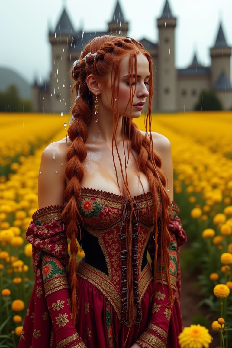 (wet clothes, wet hair, wet, wet face, wet skin,  : 1.4 ),(A photo of a young soaking wet woman wearing a traditional, elaborate wet gown with rich details and vibrant colors. The wet gown is a deep red color and is adorned with gold and dark green embroidery patterns. The wet woman has long, red-blonde wet hair styled in thick braids that drape over her shoulders. She is standing in a field of tall, golden flowers. The background contains a castle with tall, thin towers. The overall image has a soft, warm hue. Her hair, skin, and clothes are wet. She has shampoo on her hair and soap all over her body.
.
, soakingwetclothes, wet clothes, wet hair,photorealistic,georgian gown