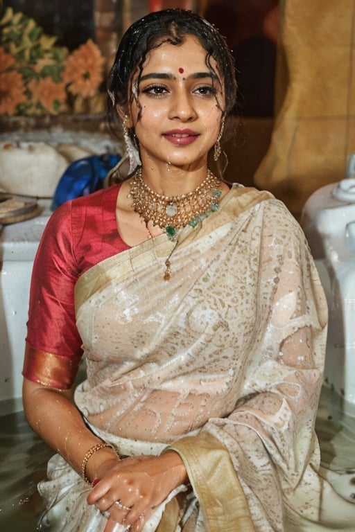 a woman in a sari with a necklace on her neck, a character portrait by Manjit Bawa, behance contest winner, bengal school of art, smile, happy, studio portrait, maximalist, studio photography,
, featured on instagram, samikshavad, elegant, rich color palette, 1920s

  ((wet clothes, wet hair, bathing in water, face focused, skin pores, long sleeve blouse, saree , detail face, )),wet hair,girl wearing indian saree,aliabhatt,SoakingWetClothes