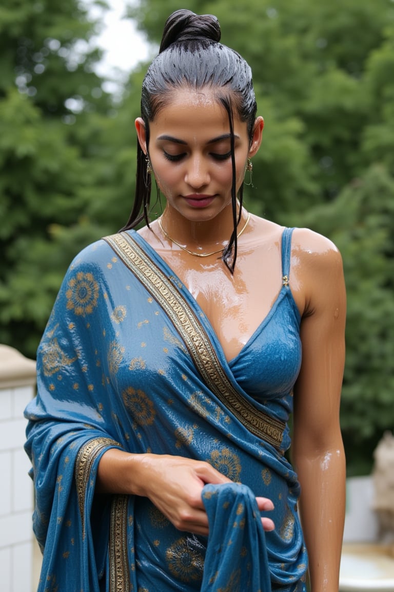 (wet clothes, wet hair, wet, wet face, wet skin, slimy hair , slimy shawl, smily skin,wet slimed clothes cling to skin, slime shiny : 1.4 ) A soaking wet woman, adorned in traditional attire, standing outdoors amidst greenery. She is wrapped in a very very wet soaked richly patterned, blue saree with intricate golden motifs. The saree has geometric designs, floral patterns, and other detailed artwork. The woman is also wearing a gold necklace, and her soaked hair is neatly tied up in a bun. The background consists of trees and foliage, suggesting a serene and natural setting. Her hair skin clothes are wet . She has shampoo on her hair and soap all over her body. natural, volumetric lighting, 4K, RAW, masterpiece
 , , oil cascading clothes and skin, close-up portrait, white tiles background
.
, soakingwetclothes, wet clothes, wet hair, Visual Anime,art_booster,anime_screencap,fake_screenshot,anime coloring,Wet,covered in oil,covered in mud,wam,pouring oil,wetlook,pouring oil,Fetishwet