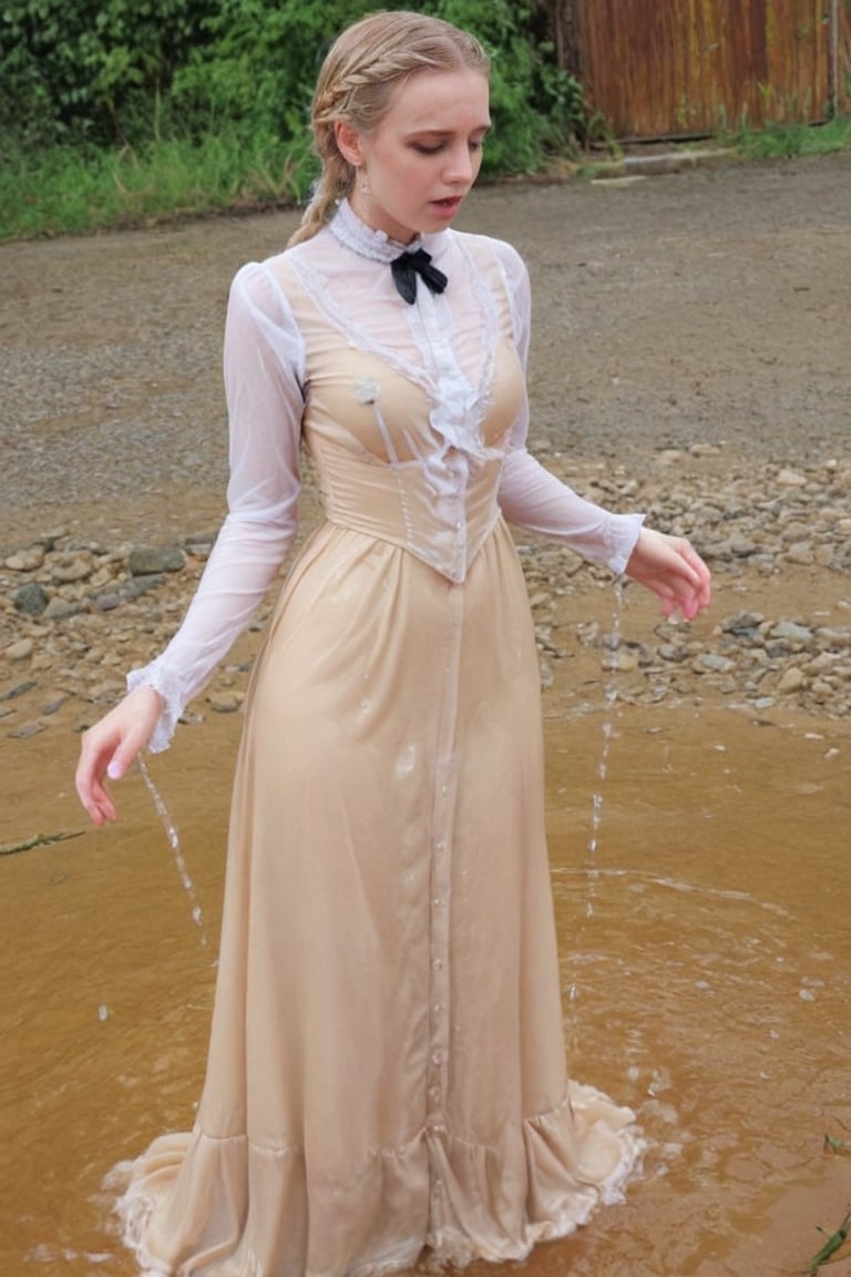 Dripping wet, blonde, braided hair,victorian dress,soakingwetclothes