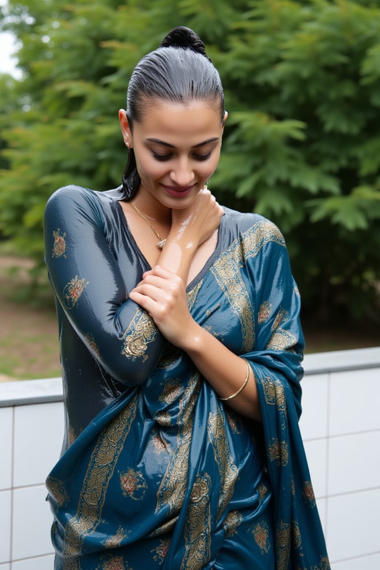 (wet clothes, wet hair, wet, wet face, wet skin, slimy hair , slimy shawl, smily skin,wet slimed clothes cling to skin, slime shiny : 1.4 ) A soaking wet woman, adorned in traditional attire, standing outdoors amidst greenery. She is wrapped in a very very wet soaked richly patterned, blue saree with intricate golden motifs. The saree has geometric designs, floral patterns, and other detailed artwork. The woman is also wearing a gold necklace, and her soaked hair is neatly tied up in a bun. The background consists of trees and foliage, suggesting a serene and natural setting. Her hair skin clothes are wet . She has shampoo on her hair and soap all over her body. natural, volumetric lighting, 4K, RAW, masterpiece
 , , oil cascading clothes and skin, close-up portrait, white tiles background
.
, soakingwetclothes, wet clothes, wet hair, Visual Anime,art_booster,anime_screencap,fake_screenshot,anime coloring,Wet,covered in oil,covered in mud,wam,pouring oil,wetlook,pouring oil,Fetishwet