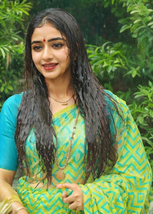 a woman in a sari with a necklace on her neck, a character portrait by Manjit Bawa, behance contest winner, bengal school of art, smile, happy, studio portrait, maximalist, studio photography,
, featured on instagram, samikshavad, elegant, rich color palette, 1920s

  ((wet clothes, wet hair, bathing in water, face focused, skin pores, long sleeve blouse, saree , detail face, heavy rain, )),wet hair,girl wearing indian saree,aliabhatt,SoakingWetClothes