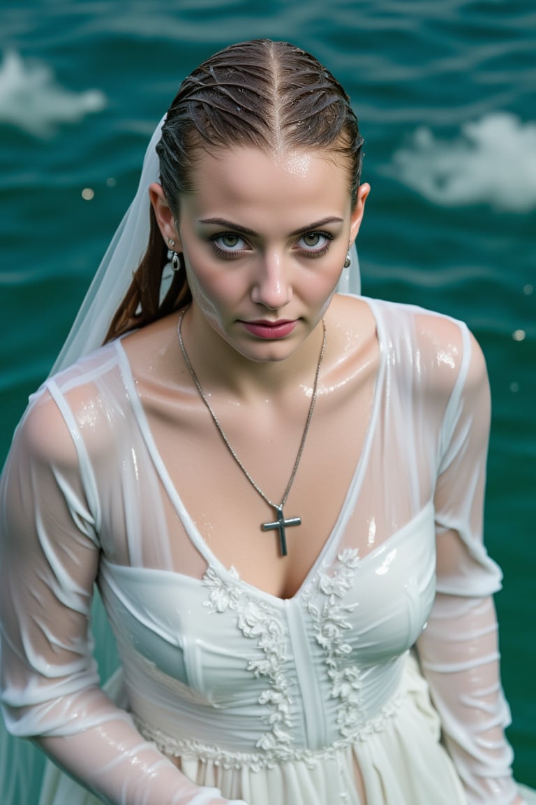 (Wet clothes,  wet hair,  wet skin:1.2) .

a medium-angle shot captures a woman in a white communion  dress with wet embroidery shawl, adorned with a cross necklace and earrings. The woman's wet dress is adorned with white gloves, adding a touch of touch to her outfit. Her wet hair is pulled back, cascading over her shoulders, framing her face. Her eyes are a deep blue, and her lips are pursed. The backdrop is a deep, blue-green, with a few white clouds floating in the water.

nt.,Wet,covered in oil,covered in mud,wam,wet clothes,pouring oil,wetlook,pouring oil,Fetishwet,Enhanced all,Wetfetish