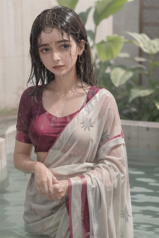 wet hair,SoakingWetClothes,  ((wet clothes, wet hair, bathing in water, face focused, skin pores, blouse, saree , detail face, )),wet hair,girl wearing indian saree,aliabhatt,SoakingWetClothes