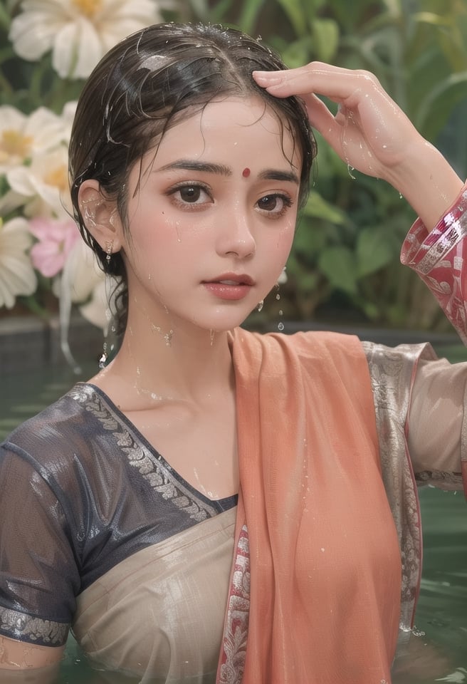 wet hair,SoakingWetClothes,  ((wet clothes, wet hair, bathing in water, face focused, skin pores, blouse, saree , detail face, )),wet hair,girl wearing indian saree,aliabhatt,SoakingWetClothes