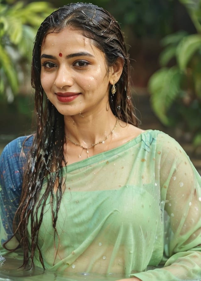 a woman in a sari with a necklace on her neck, a character portrait by Manjit Bawa, behance contest winner, bengal school of art, smile, happy, studio portrait, maximalist, studio photography,
, featured on instagram, samikshavad, elegant, rich color palette, 1920s

  ((wet clothes, wet hair, bathing in water, face focused, skin pores, long sleeve blouse, saree , detail face, )),wet hair,girl wearing indian saree,aliabhatt,SoakingWetClothes