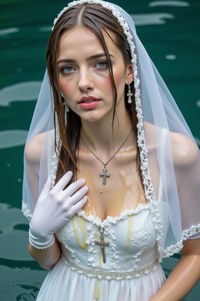 (Wet clothes,  wet hair,  wet skin:1.2) .

a medium-angle shot captures a woman in a white communion  dress with wet embroidery shawl, adorned with a cross necklace and earrings. The woman's wet dress is adorned with white gloves, adding a touch of touch to her outfit. Her wet hair is pulled back, cascading over her shoulders, framing her face. Her eyes are a deep blue, and her lips are pursed. The backdrop is a deep, blue-green, with a few white clouds floating in the water.

nt.,Wet,covered in oil,covered in mud,wam,wet clothes,pouring oil,wetlook,pouring oil,Fetishwet,Enhanced all,Wetfetish