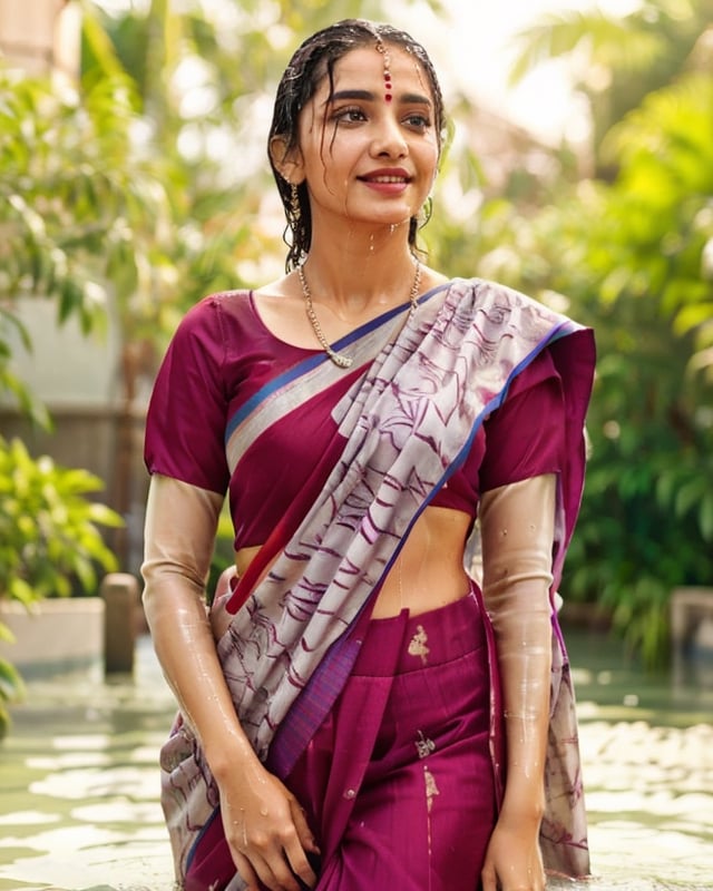 a woman in a sari with a necklace on her neck, a character portrait by Manjit Bawa, behance contest winner, bengal school of art, smile, happy, studio portrait, maximalist, studio photography,
, featured on instagram, samikshavad, elegant, rich color palette, 1920s

  ((wet clothes, wet hair, bathing in water, face focused, skin pores, long sleeve blouse, saree , detail face, )),wet hair,girl wearing indian saree,aliabhatt,SoakingWetClothes