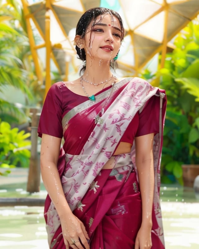 a woman in a sari with a necklace on her neck, a character portrait by Manjit Bawa, behance contest winner, bengal school of art, smile, happy, studio portrait, maximalist, studio photography,
, featured on instagram, samikshavad, elegant, rich color palette, 1920s

  ((wet clothes, wet hair, bathing in water, face focused, skin pores, blouse, saree , detail face, )),wet hair,girl wearing indian saree,aliabhatt,SoakingWetClothes