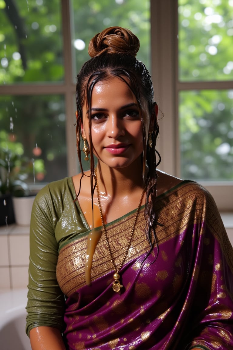 (wet clothes, wet hair, wet, wet face, wet skin, slimy hair , slimy saree, smily skin,wet slimed clothes cling to skin, slime shiny : 1.4 ) A soaking wet woman, adorned in traditional attire, sitting indoor amidst living room. She is wrapped in a very very wet soaked richly patterned, saree with intricate golden motifs. The saree has geometric designs, floral patterns, and other detailed artwork. The woman is also wearing a gold necklace, and her soaked hair is neatly tied up in a bun. Long sleeve . The background consists of trees and foliage, suggesting a serene and natural setting. Her hair skin clothes are wet . She has shampoo on her hair and soap all over her body. natural, volumetric lighting, 4K, RAW, masterpiece
 , , oil cascading clothes and skin, close-up portrait, white tiles background
.
, soakingwetclothes, wet clothes, wet hair, Visual Anime,art_booster,anime_screencap,fake_screenshot,anime coloring,Wet,covered in oil,covered in mud,wam,pouring oil,wetlook,pouring oil,Fetishwet