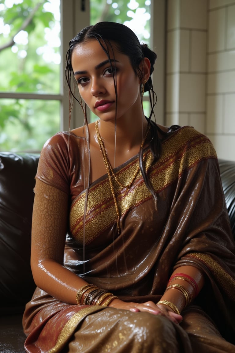 (wet clothes, wet hair, wet, wet face, wet skin, slimy hair , slimy saree, smily skin,wet slimed clothes cling to skin, slime shiny : 1.4 ) A soaking wet woman, adorned in traditional attire, sitting indoor amidst living room. She is wrapped in a very very wet soaked richly patterned, saree with intricate golden motifs. The saree has geometric designs, floral patterns, and other detailed artwork. The woman is also wearing a gold necklace, and her soaked hair is neatly tied up in a bun. Long sleeve . The background consists of trees and foliage, suggesting a serene and natural setting. Her hair skin clothes are wet . She has shampoo on her hair and soap all over her body. natural, volumetric lighting, 4K, RAW, masterpiece
 , , oil cascading clothes and skin, close-up portrait, white tiles background
.
, soakingwetclothes, wet clothes, wet hair, Visual Anime,art_booster,anime_screencap,fake_screenshot,anime coloring,Wet,covered in oil,covered in mud,wam,pouring oil,wetlook,pouring oil,Fetishwet