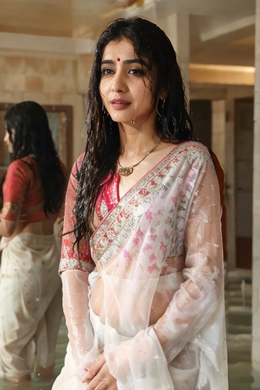 a woman in a sari with a necklace on her neck, a character portrait by Manjit Bawa, behance contest winner, bengal school of art, smile, happy, studio portrait, maximalist, studio photography,
, featured on instagram, samikshavad, elegant, rich color palette, 1920s

  ((wet clothes, wet hair, bathing in water, face focused, skin pores, long sleeve blouse, saree , detail face, )),wet hair,girl wearing indian saree,aliabhatt,SoakingWetClothes