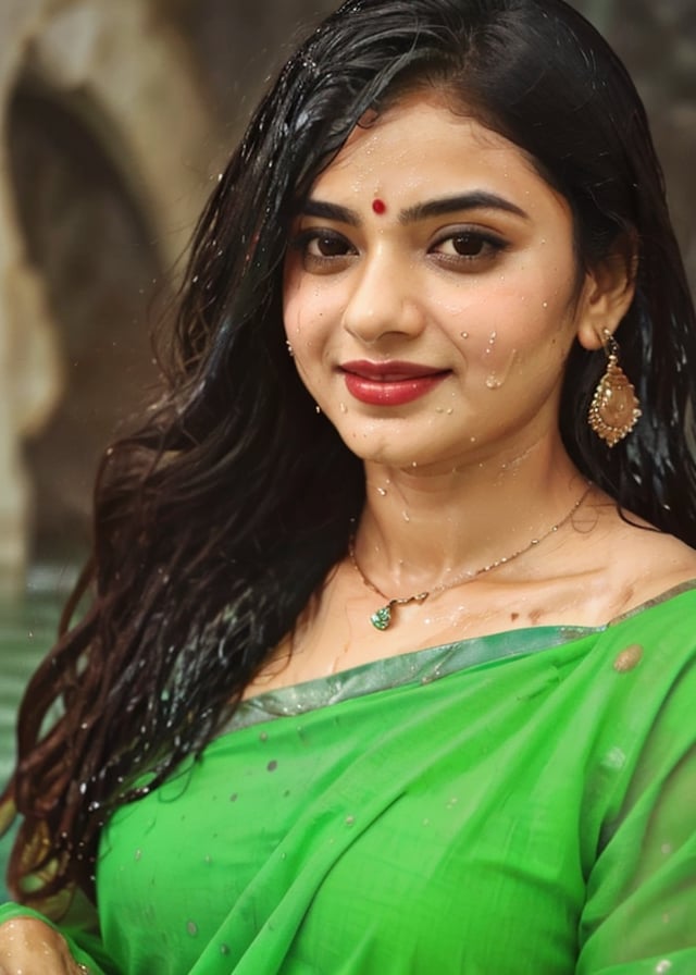 a woman in a sari with a necklace on her neck, a character portrait by Manjit Bawa, behance contest winner, bengal school of art, smile, happy, studio portrait, maximalist, studio photography,
, featured on instagram, samikshavad, elegant, rich color palette, 1920s

  ((wet clothes, wet hair, bathing in water, face focused, skin pores, long sleeve blouse, saree , detail face, )),wet hair,girl wearing indian saree,aliabhatt,SoakingWetClothes