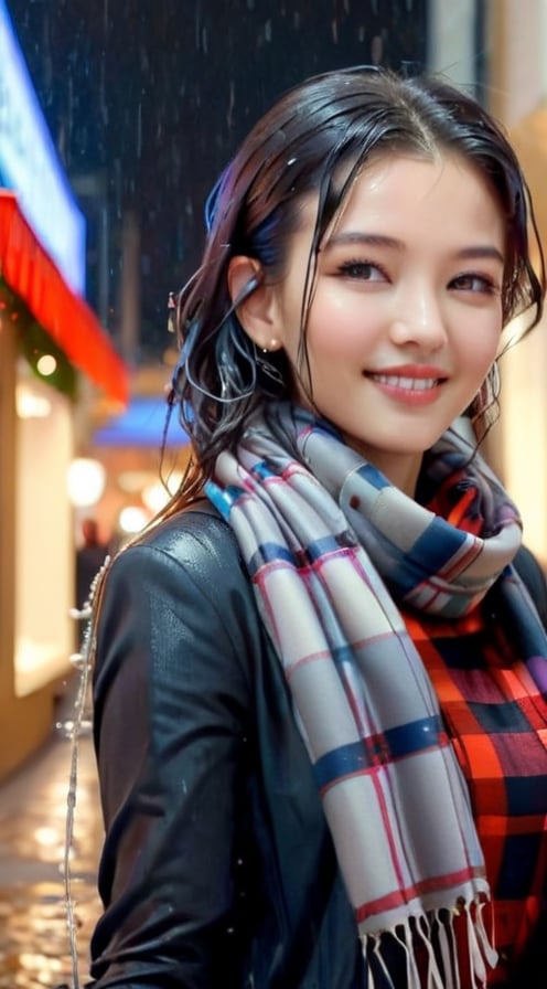 "Generate an image of a sophisticated young woman (23 years old) embracing the Christmas spirit as she indulges in holiday shopping at a chic city department store. Dressed in trendy woolen winter attire, she navigates through the glittering displays, carefully selecting gifts with a discerning eye. The bustling atmosphere is filled with festive decorations, sparkling lights, and the joyful hum of holiday music. The woman carries elegant shopping bags, and her face radiates excitement and satisfaction as she explores the upscale boutiques. This scene captures the glamour and thrill of Christmas shopping in a stylish urban setting." BREAK

(masterpiece,best quality,ultra-detailed,8K,intricate, realistic:1.3),(full body, wide shot:1.3),smile,black hair,sharp nose, earrings,jewelry, shiny skin, detailed exquisite face,cinematic lighting,1 girl,Color Booster, leonardo,style,cyberpunk style,greg rutkowski,cyberpunk,jeon_jihyun,((soakingwetclothes, wet clothes,  wet hair,  in water, face focused,  skin pores, wet, dripping wet, soaked, plaid scarf : 1.2))