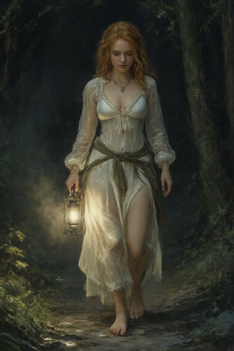 A detailed masterpiece illustration by Luis Royo and Milo Manara,
Short gabbiecar with ginger hair is walking through the forest  at night,  dim lantern in her hand,
medieval fantasy, white gauzy transparent nightie,
Outside, woods, steam, narrow pathway, night, dark, pond,