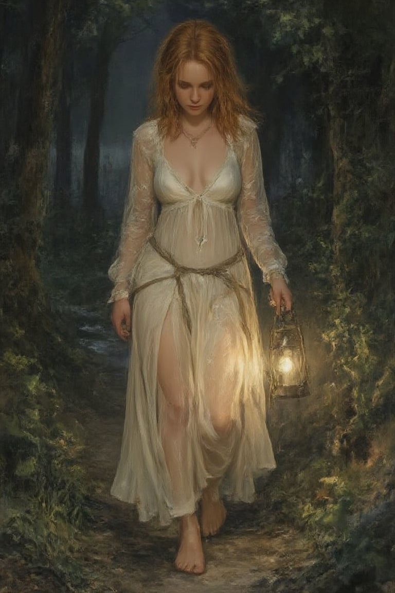 A detailed masterpiece illustration by Luis Royo and Milo Manara,
Short gabbiecar with ginger hair is walking through the forest  at night,  dim lantern in her hand,
medieval fantasy, white gauzy transparent nightie,
Outside, woods, steam, narrow pathway, night, dark, pond,