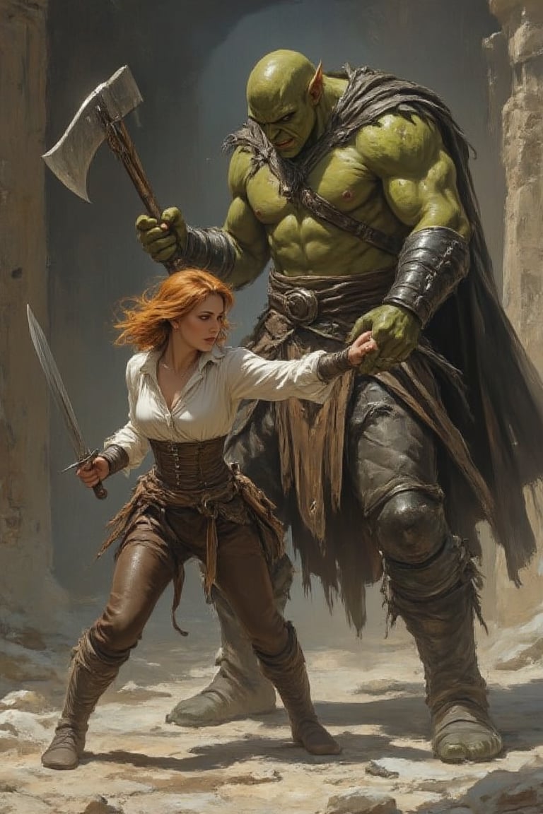 A detailed masterpiece illustration by Luis Royo and Milo Manara, 
Short gabbiecar with ginger hair fighting against a tall muscular orc warrior, orc wielding a cleaver,
medieval fantasy, white medieval blouse, brown leather trousers, woman wielding a dagger,
sinister round tower, orc castle, ruins, 