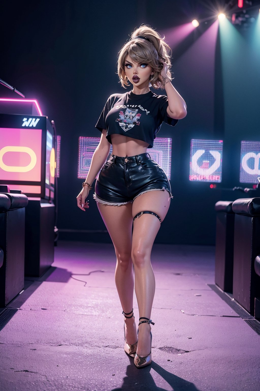 ((Fullbody)),standing,makeup,black lipstick,mohawk_(hair),walking,hair over one eye,older_female,jessicarab, rock tshirt, nightclub, shorts,Enhance,angry, high heel pumps,loss Croptop, taylor swift,TSwift, blue eyes,