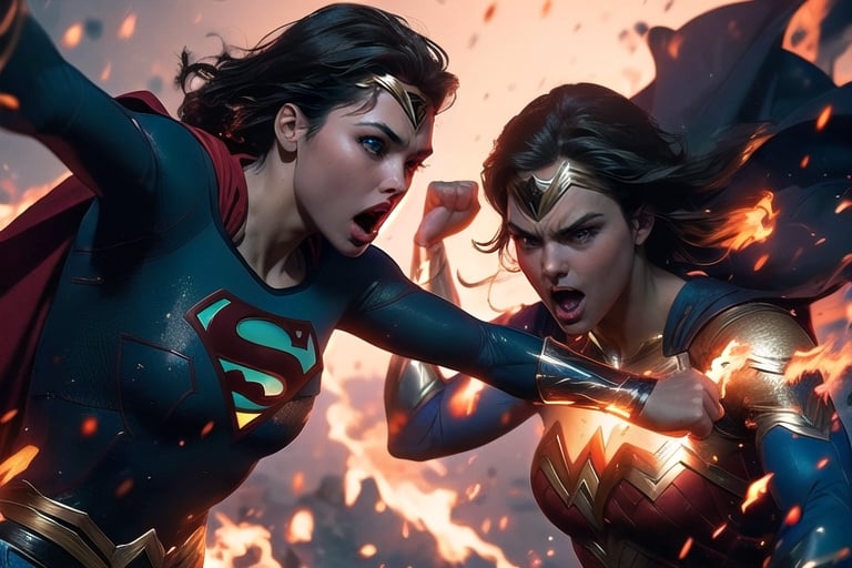 8k, best quality, real picture, intricate details, ultra-detailed, ultra highres, depth field,(photorealistic,realistic:1.2),masterpiece,
2girls supergirl fighting wonder woman.

Characters:
(2girls supergirl, young european girl on the left side, Melissa Benoist as supergirl,, facing to the right toward wonder woman, flying, superhero, wears red cape, red skirt, bright blonde hair, ((blonde)), bright blue eyes, making eye contact, looking at wonder woman, normal forehead, face closeup, supergirl screaming, supergirl wears gold belt, closeup half body, perfecteyes, eye contact, palms closed, palms punching, making fists,, fists punching, left hand punching, supergirl's fist on fire, flaming fists),
(2girls wonder woman, young greek girl on the upper right side, highly detailed beautiful face, long delicated hair, bright blue eyes, face closeup, screaming in pain, (angry expressions:1.2), impressive strong, making fists, right hand blocking supergirl's left hand, wonder woman screaming, close-up upper body, perfecteyes).

Background:
sun, blue sky,best quality, (intricate details:1.2), (delicate detailed), (cinematic light), clear line, sharp focus, unity 8k wallpaper, ultra high res, (photorealistic:1.4), 
r1ge, abandoned goddess Athena destroyed greek temple location, earthquake effect, debris rocks floating, fire, yellow aura on 2girls,