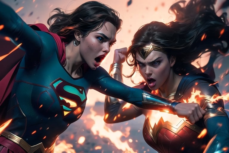 8k, best quality, real picture, intricate details, ultra-detailed, ultra highres, depth field,(photorealistic,realistic:1.2),masterpiece,
2girls supergirl fighting wonder woman.

Characters:
(2girls supergirl, young european girl on the left side, Melissa Benoist as supergirl,, facing to the right toward wonder woman, flying, superhero, wears red cape, red skirt, bright blonde hair, ((blonde)), bright blue eyes, making eye contact, looking at wonder woman, normal forehead, face closeup, supergirl screaming, supergirl wears gold belt, closeup half body, perfecteyes, eye contact, palms closed, palms punching, making fists,, fists punching, left hand punching ),
(2girls wonder woman, young greek girl on the upper right side, highly detailed beautiful face, long delicated hair, bright blue eyes, face closeup, screaming in pain, (angry expressions:1.2), impressive strong, making fists, right hand blocking supergirl's left hand, wonder woman screaming, close-up upper body, perfecteyes).

Background:
sun, blue sky,best quality, (intricate details:1.2), (delicate detailed), (cinematic light), clear line, sharp focus, unity 8k wallpaper, ultra high res, (photorealistic:1.4), 
r1ge, abandoned goddess Athena destroyed greek temple location, earthquake effect, debris rocks floating, fire, yellow aura on 2girls, supergirl's palm on fire,