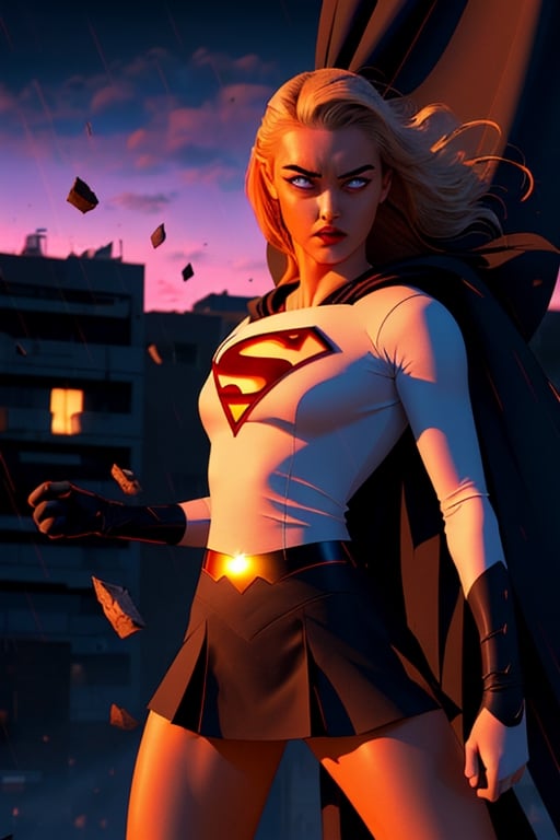 masterpiece,  best quality,  ultra high res,  beautiful,  visually stunning,  elegant,  incredible details,  award-winning painting,  (dark art:1.1),  deep shadow,  (dark theme:1.2), comic book style,  supergirl , solo. 1girl,  dark scene,  cowboy shot of supergirl , athletic, glowing white eyes, eyes on fire, detailed eyes, focus on eyes, no pupils, showing face, long delicate blonde hair, no mask, night city,  mist,  particles,  female focus,  visible mouth, slim supermodel female figure,  red cape,  night,  outdoors,  rain,  serious,  dark armosphere,  detailed background,  cinematic ready for battle pose,  darker belt,  lurking on top of a big statue,,  no logo on belt buckle,  no nipples,  superhero, (white) crop top with supergirl logo on chest,  red mini skirt, showing navel, battle stance,  Epicrealism, r1ge,  dark art,  deep shadow,  angry,  glowing,  aura,  flying debris,  flying fragments.,Galatea ,Supergirl,long hair